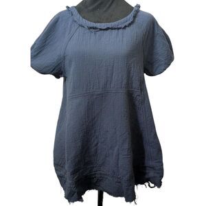 Free People We The Free Raw Edge Tunic Top S Navy Blue Crushed Cotton Swing